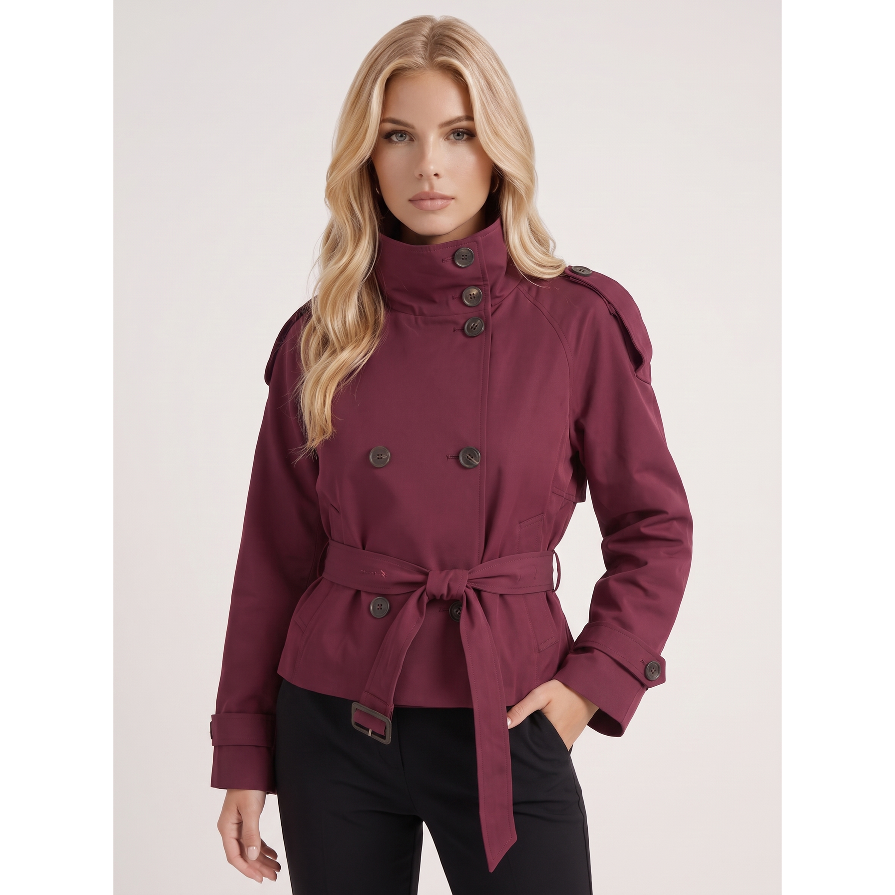 Women Burgundy Cropped Double-Breasted Trench Coat Belted - Image 2