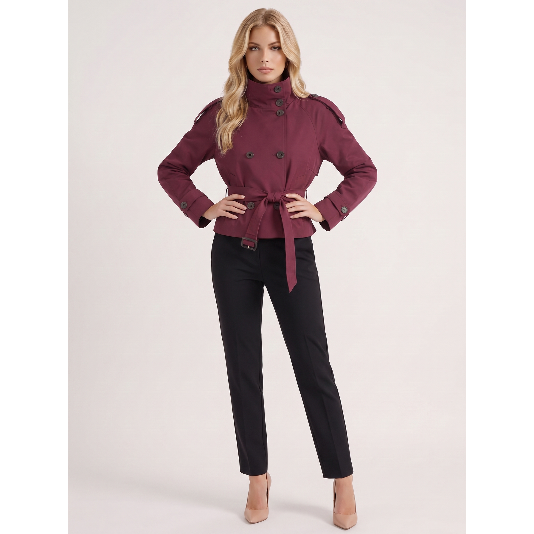 Women Burgundy Cropped Double-Breasted Trench Coat Belted - Image 3