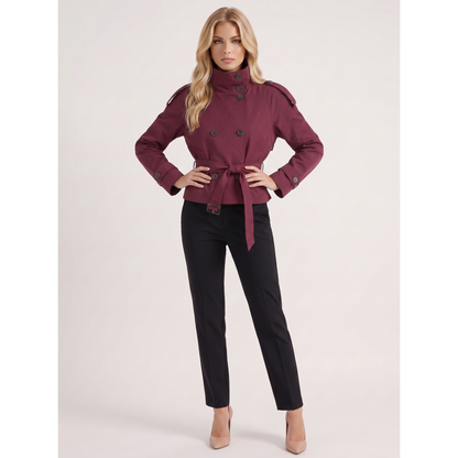 Women Burgundy Cropped Double-Breasted Trench Coat Belted - Image 3