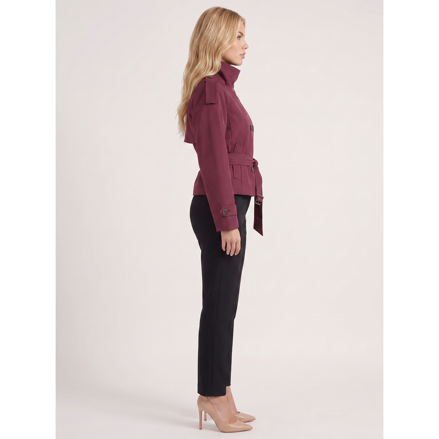 Women Burgundy Cropped Double-Breasted Trench Coat Belted - Image 4