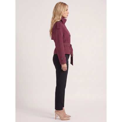 Women Burgundy Cropped Double-Breasted Trench Coat Belted - Image 4