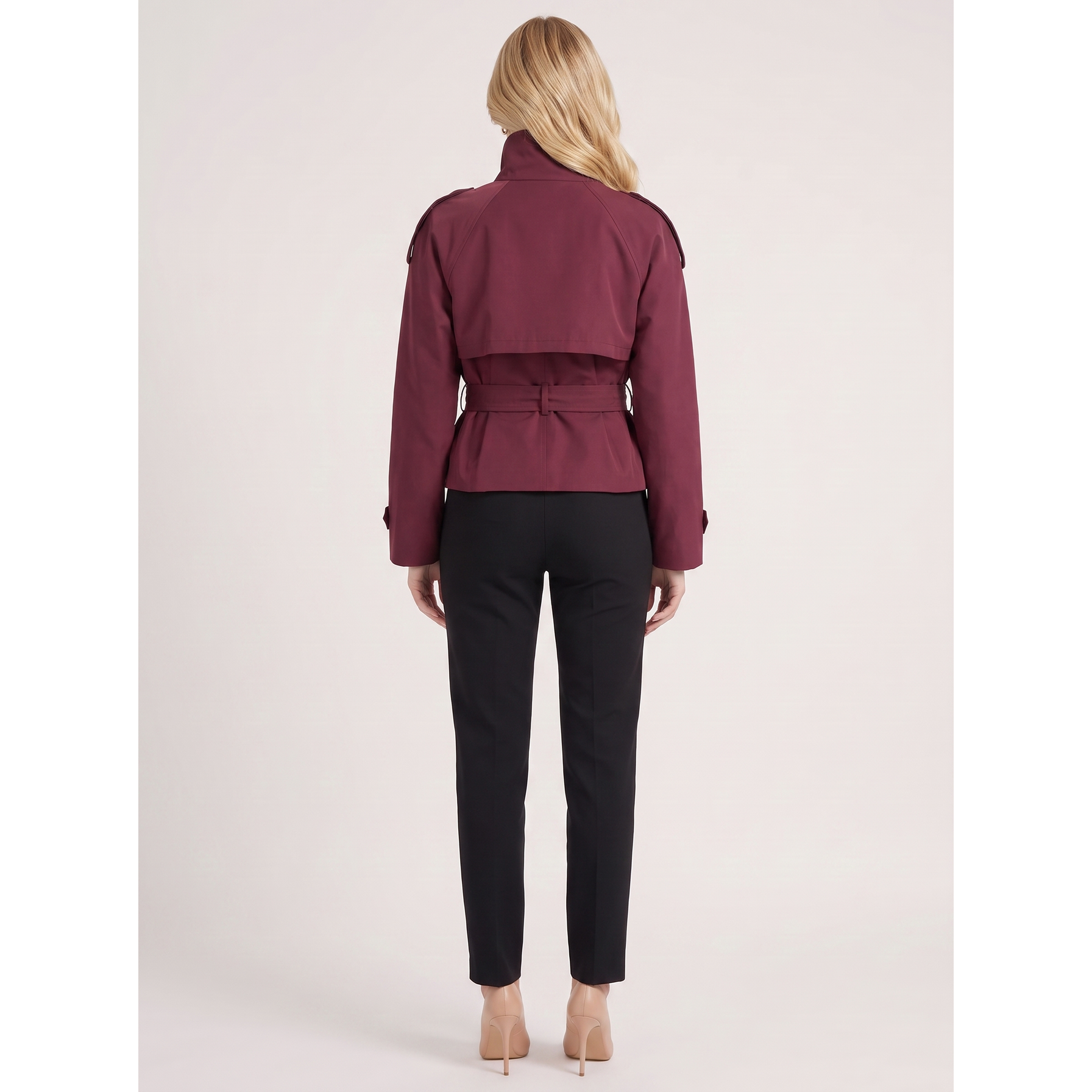 Women Burgundy Cropped Double-Breasted Trench Coat Belted - Image 5