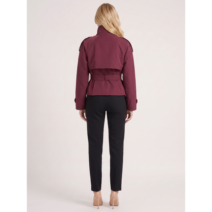 Women Burgundy Cropped Double-Breasted Trench Coat Belted - Image 5