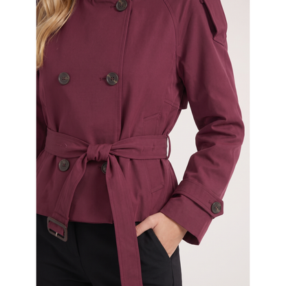 Women Burgundy Cropped Double-Breasted Trench Coat Belted - Image 6