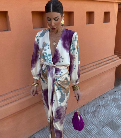Seluné - Elegant V Neck Midi Dress With Belt