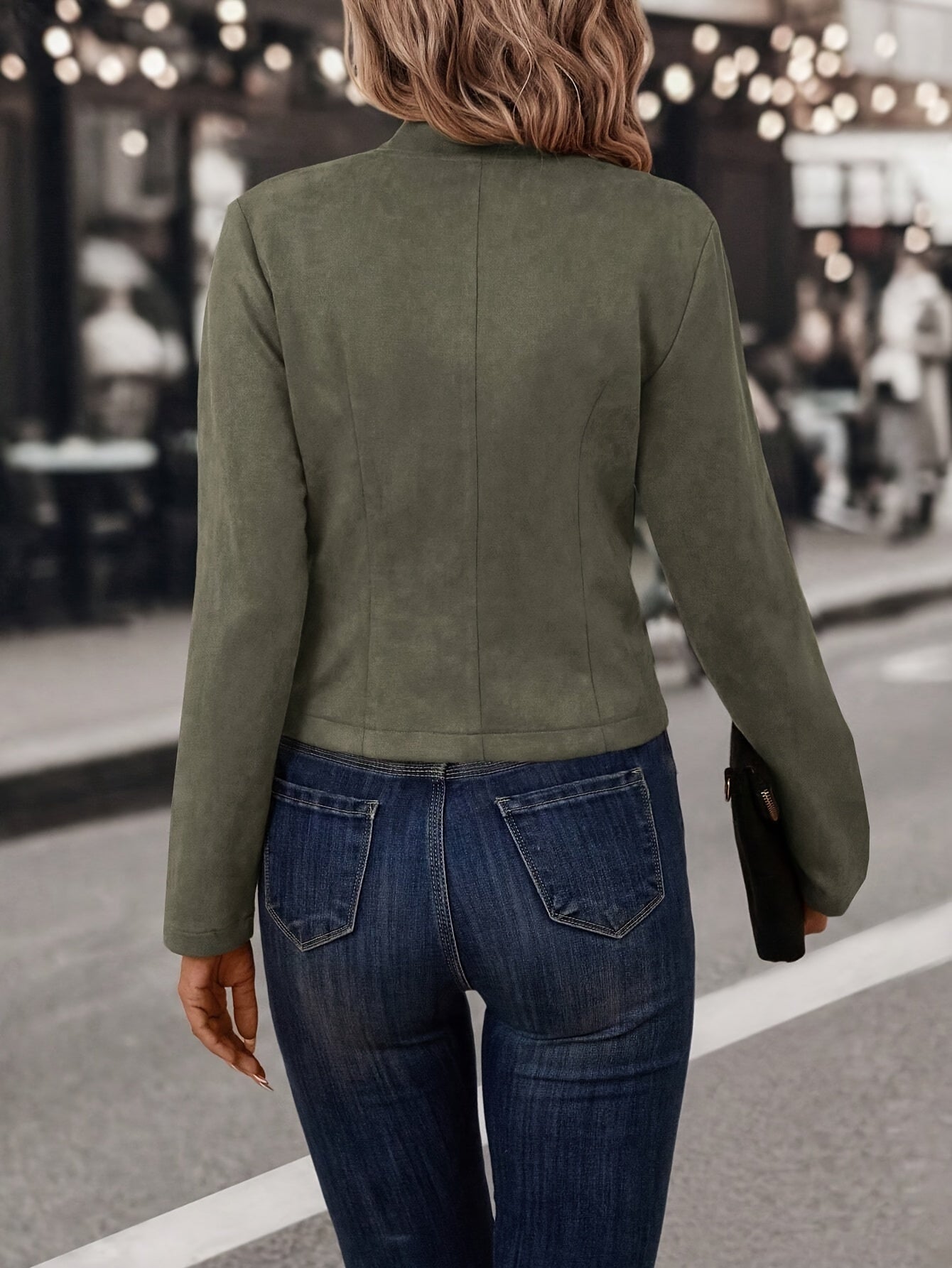 Women Faux Suede Double-Breasted Open Front Jacket - Image 4