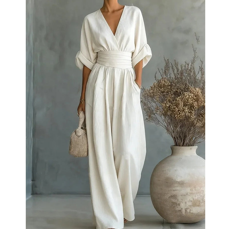 Monira - Elegant V Neck Wide Leg Jumpsuit