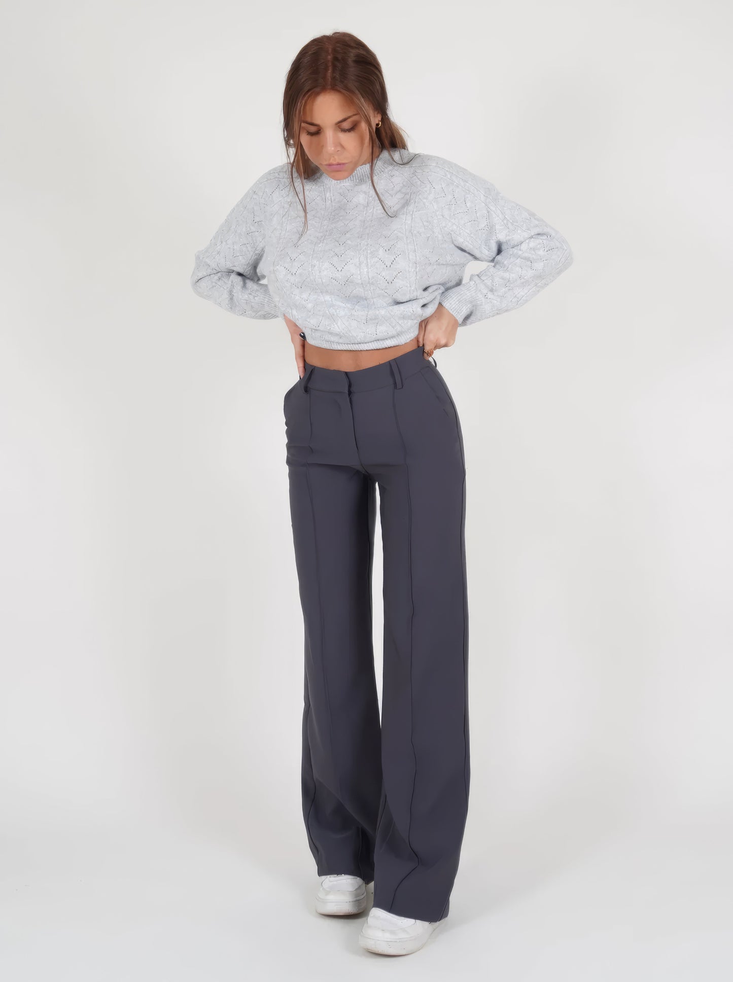 Solenna - Pantaloni a vita alta a gamba larga con cuciture frontali