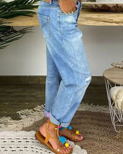 Dravelle - Pantalones desgastados para mujer con recortes