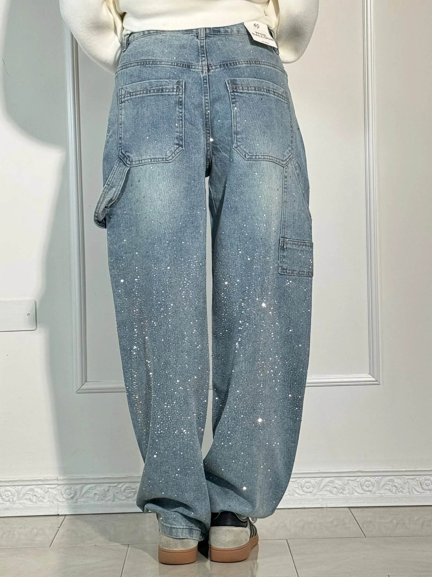 Eliran - Pantaloni a gamba larga con dettagli in strass e tasca con patta
