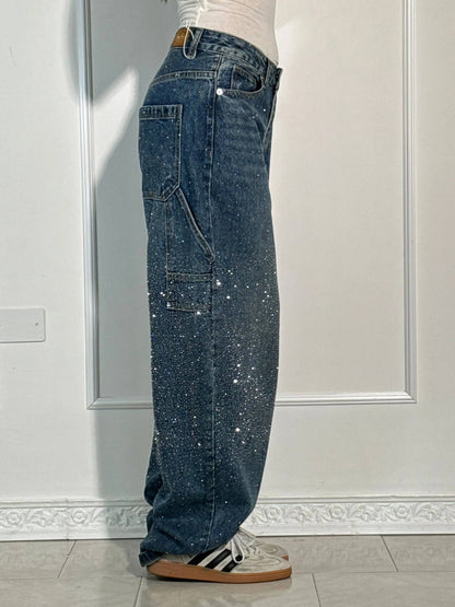 Eliran - Pantaloni a gamba larga con dettagli in strass e tasca con patta