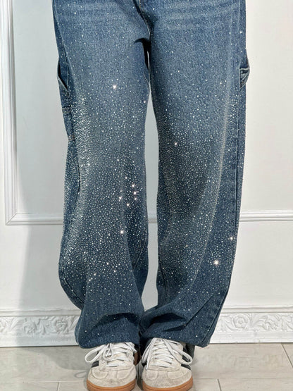 Eliran - Pantaloni a gamba larga con dettagli in strass e tasca con patta