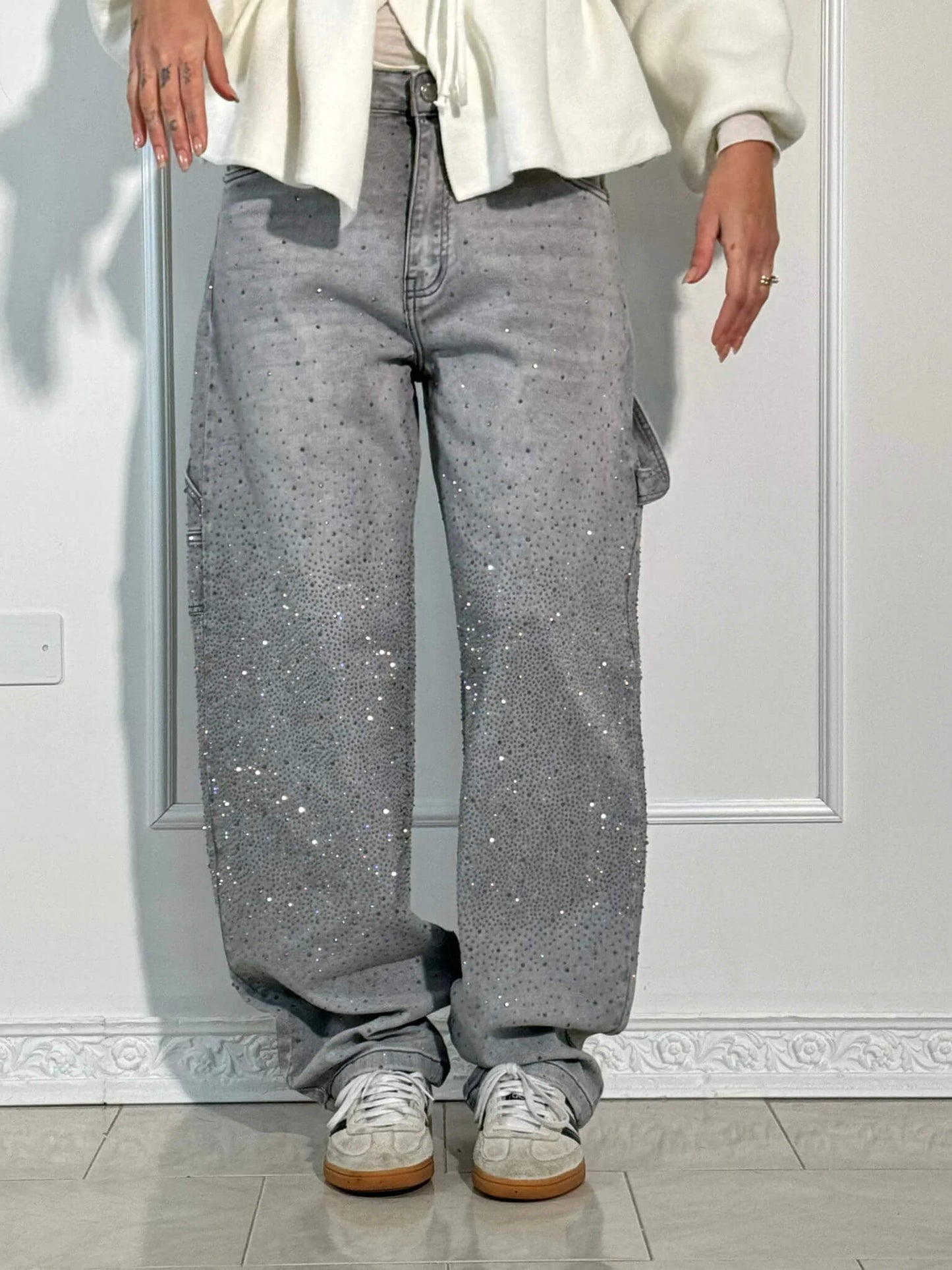 Eliran - Pantaloni a gamba larga con dettagli in strass e tasca con patta