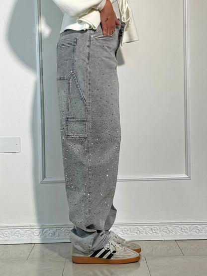 Eliran - Pantaloni a gamba larga con dettagli in strass e tasca con patta