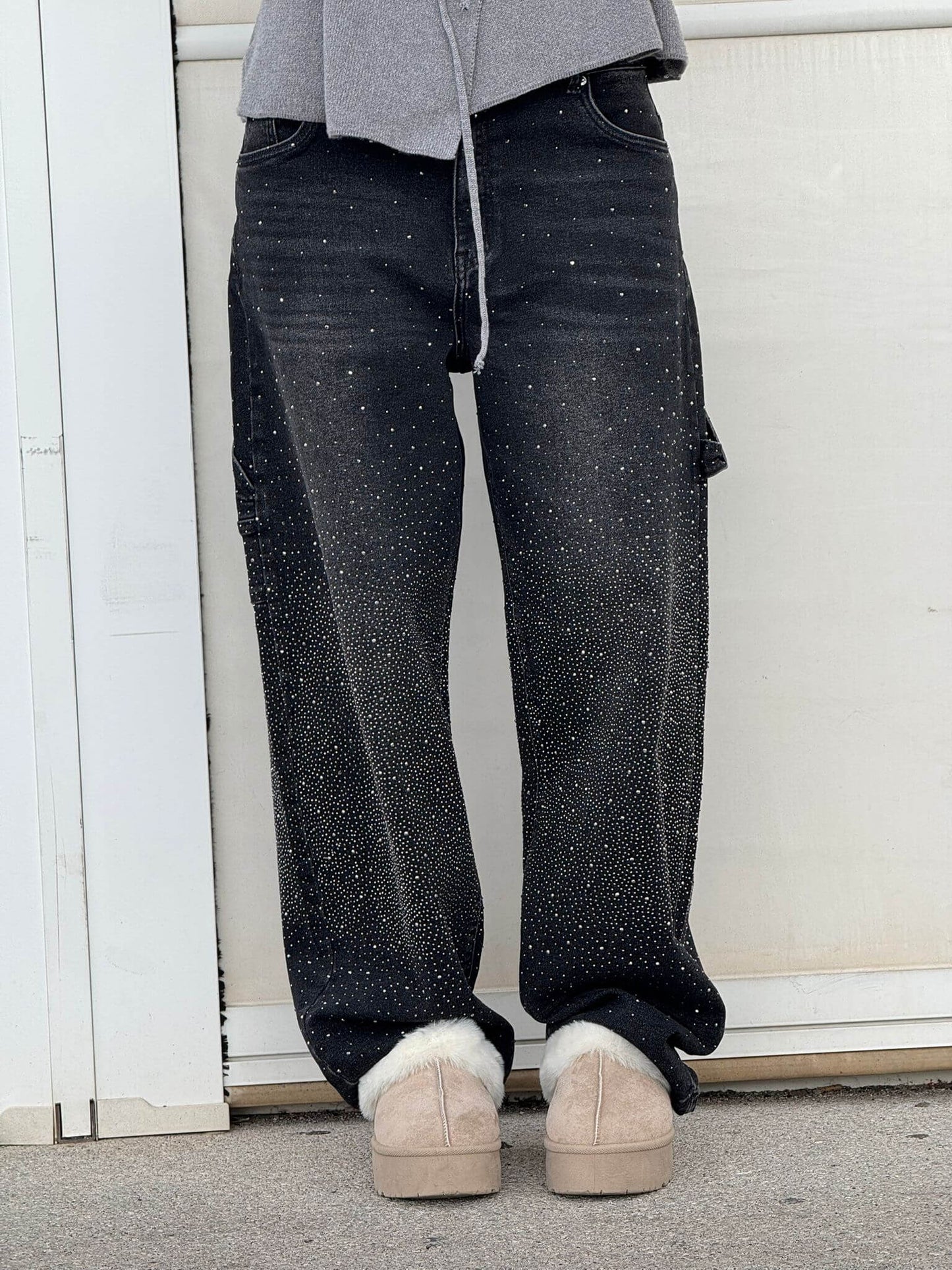 Eliran - Pantaloni a gamba larga con dettagli in strass e tasca con patta