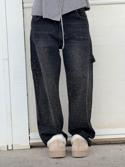Eliran - Pantaloni a gamba larga con dettagli in strass e tasca con patta