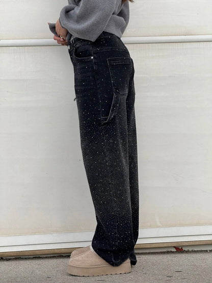 Eliran - Pantaloni a gamba larga con dettagli in strass e tasca con patta