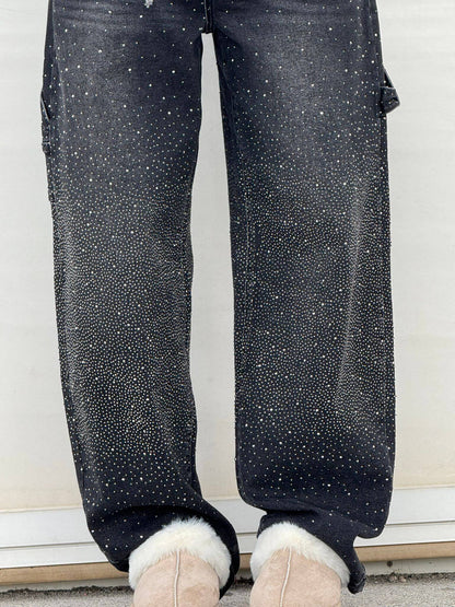 Eliran - Pantaloni a gamba larga con dettagli in strass e tasca con patta