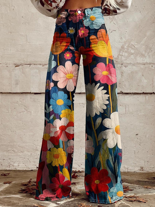 Florienne - Womens Wide Leg High Waist Floral Trousers