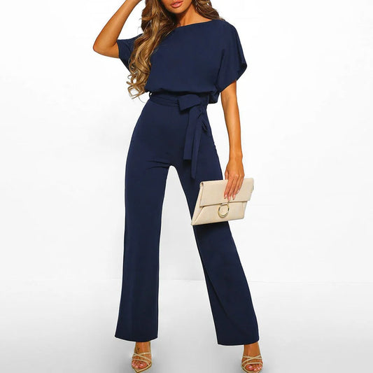 Avelline - Womens Ruched Sleeve Jumpsuit With Tie Belt