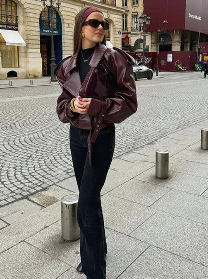 Liorene - Lesklá krátka bunda s opaskom na zaväzovanie