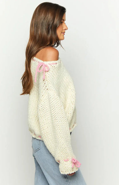 Roselune - Suéter con cuello barco y detalles de lazo