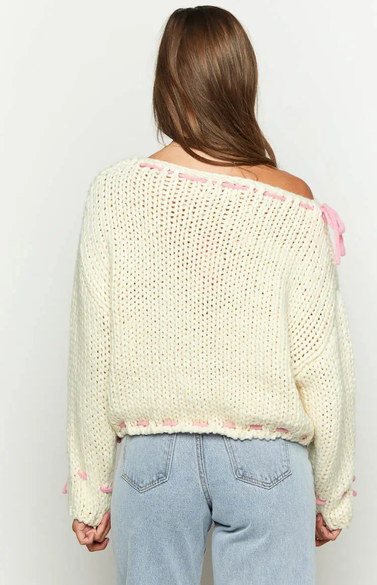 Roselune - Suéter con cuello barco y detalles de lazo
