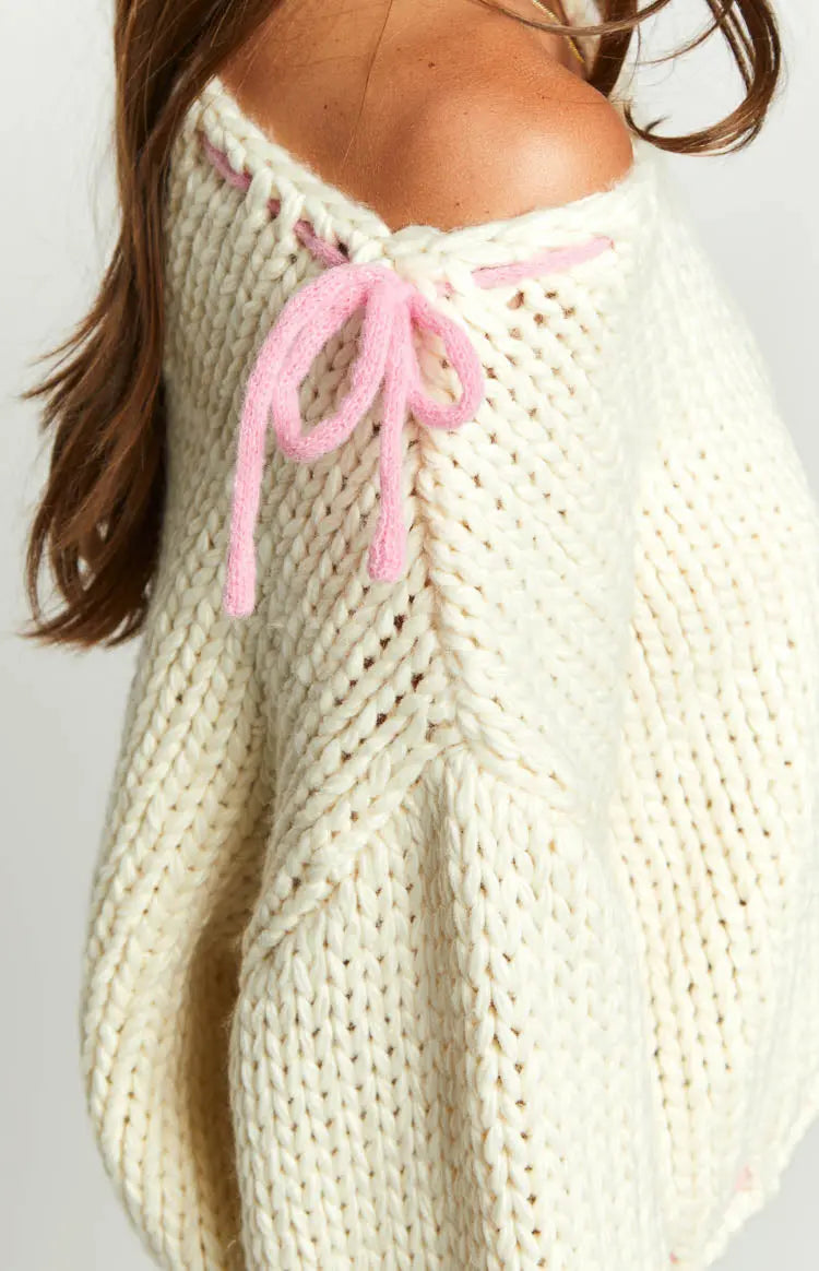 Roselune - Suéter con cuello barco y detalles de lazo