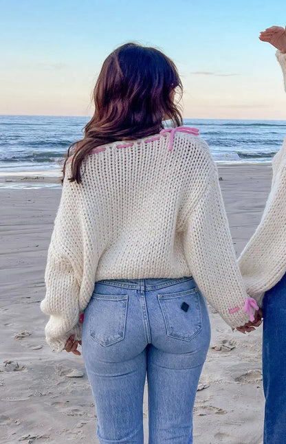 Roselune - Suéter con cuello barco y detalles de lazo
