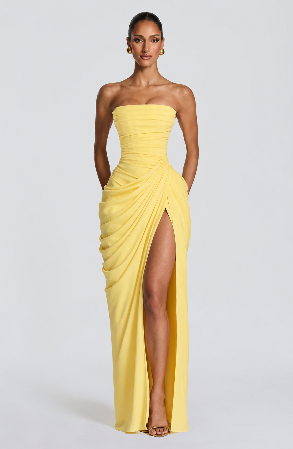 Women Strapless Corset Maxi Dress Formal Gown High Slit