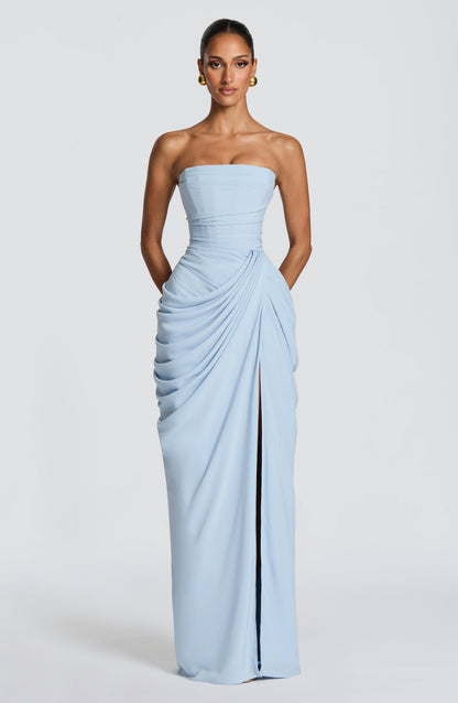 Women Strapless Corset Maxi Dress Formal Gown High Slit - Image 7