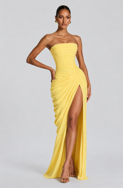 Women Strapless Corset Maxi Dress Formal Gown High Slit - Image 3