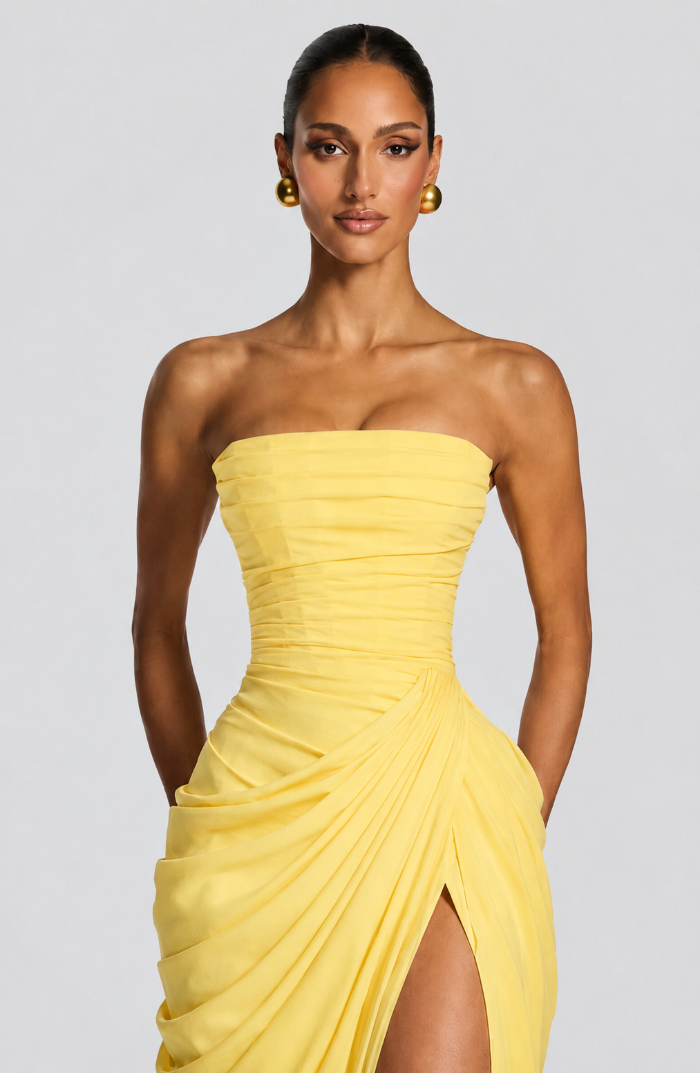 Women Strapless Corset Maxi Dress Formal Gown High Slit - Image 2