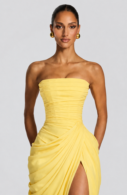 Women Strapless Corset Maxi Dress Formal Gown High Slit - Image 2