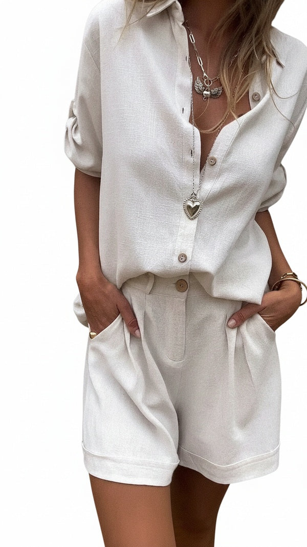 Women Two Piece Button Down Shirt Shorts Set Summer