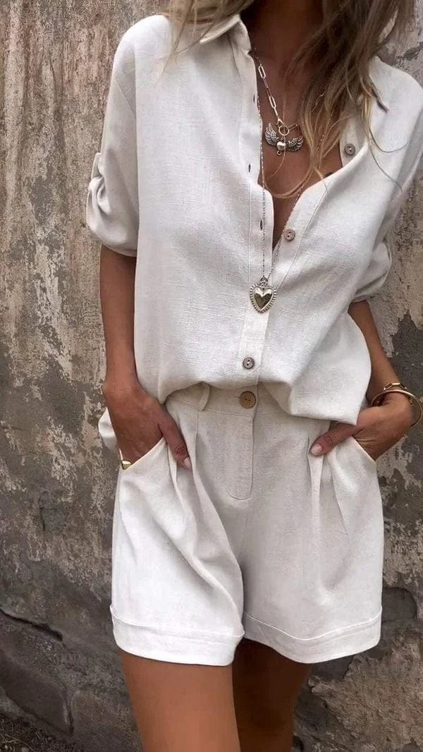 Women Two Piece Button Down Shirt Shorts Set Summer - Image 2