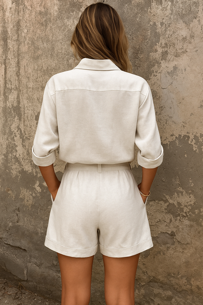 Women Two Piece Button Down Shirt Shorts Set Summer - Image 3