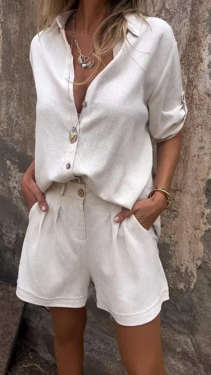 Women Two Piece Button Down Shirt Shorts Set Summer - Image 4