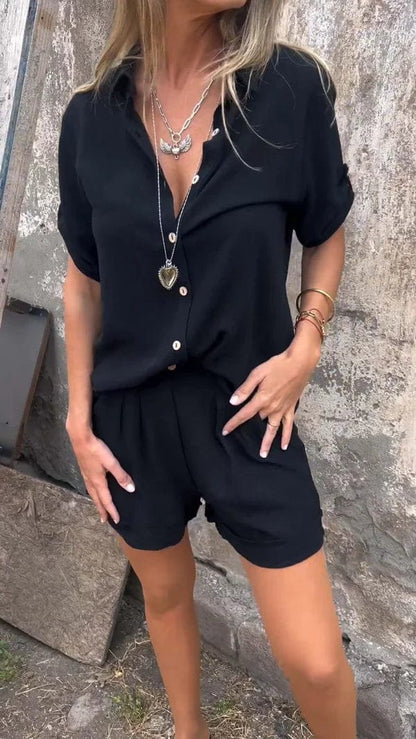 Women Two Piece Button Down Shirt Shorts Set Summer - Image 5