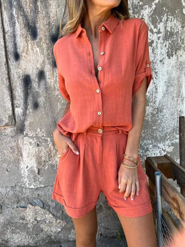Women Two Piece Button Down Shirt Shorts Set Summer - Image 6