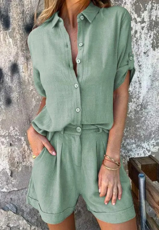 Women Two Piece Button Down Shirt Shorts Set Summer - Image 7
