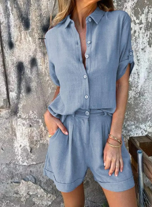 Women Two Piece Button Down Shirt Shorts Set Summer - Image 8