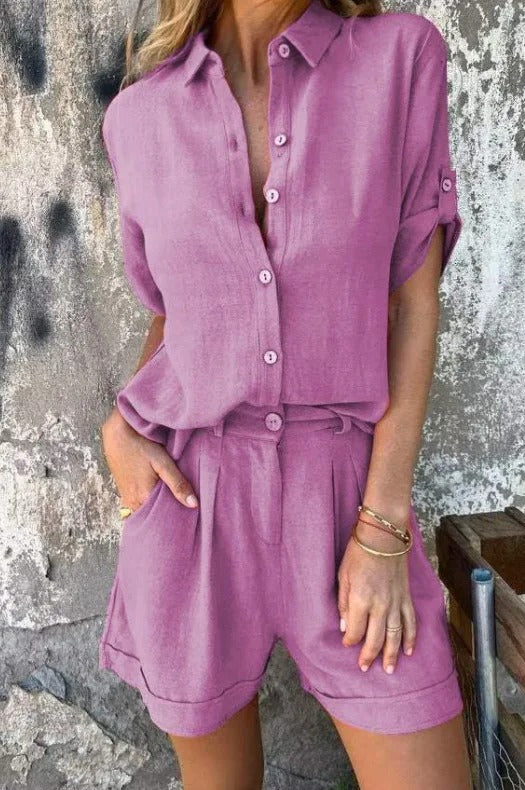 Women Two Piece Button Down Shirt Shorts Set Summer - Image 9