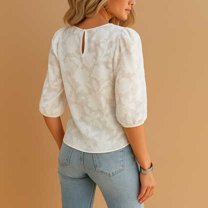 Women's Floral Puff Sleeve Blouse Round Neck - Image 3