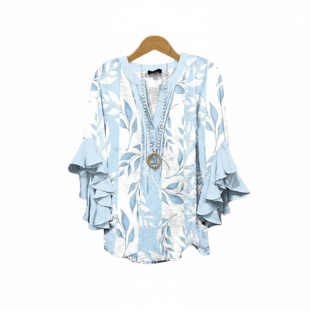 Women's Floral Print V-Neck Ruffle Sleeve Blouse Oversized