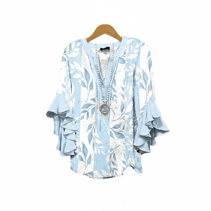 Women's Floral Print V-Neck Ruffle Sleeve Blouse Oversized