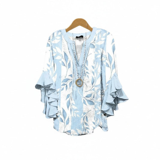 Women's Floral Print V-Neck Ruffle Sleeve Blouse Oversized