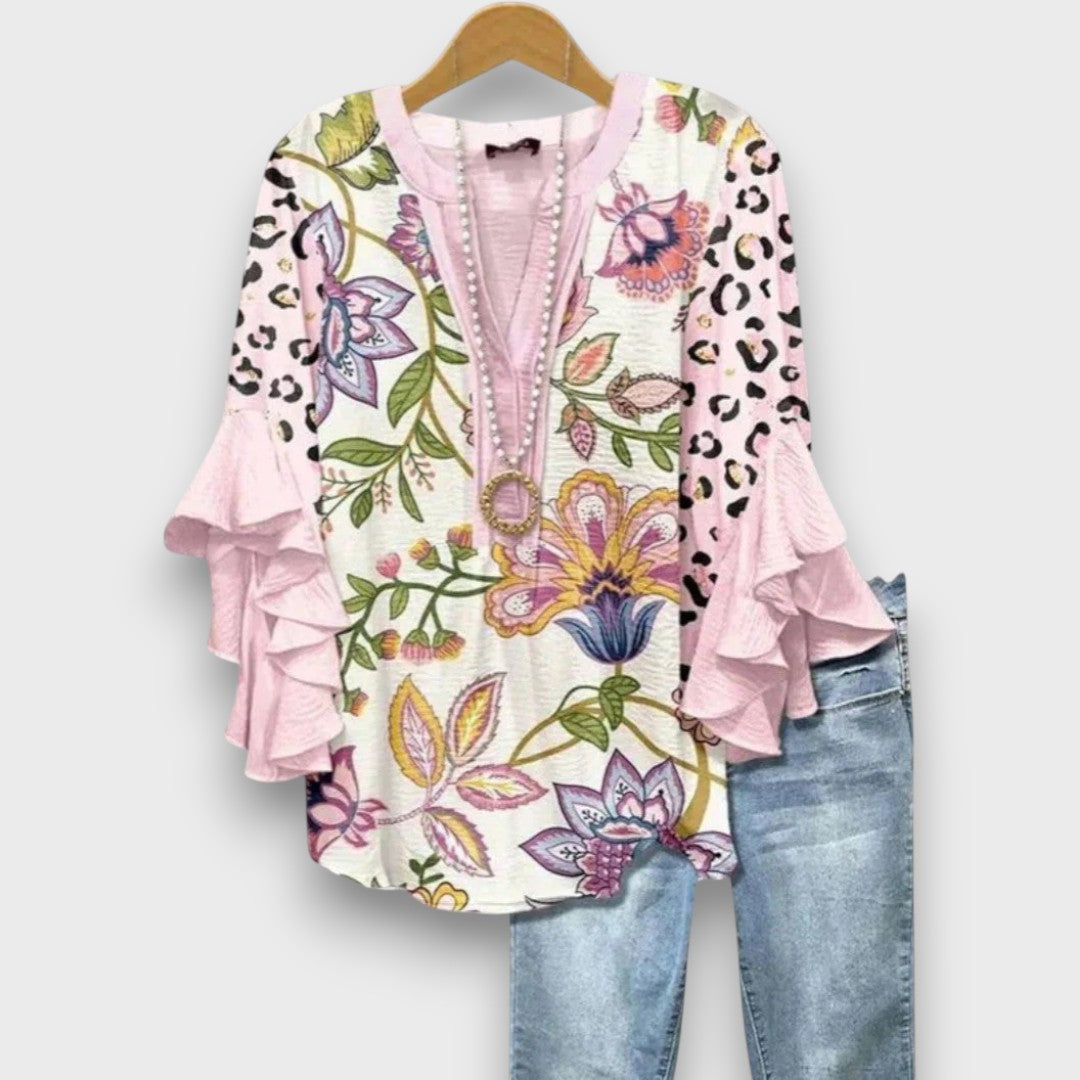 Women's Floral Print V-Neck Ruffle Sleeve Blouse Oversized - Image 10