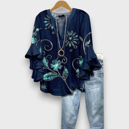 Women's Floral Print V-Neck Ruffle Sleeve Blouse Oversized - Image 11