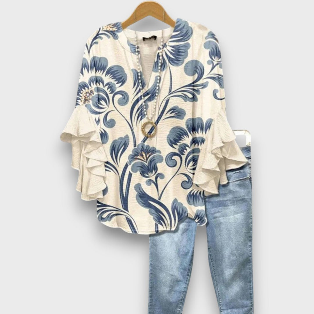 Women's Floral Print V-Neck Ruffle Sleeve Blouse Oversized - Image 12